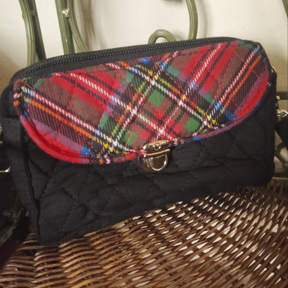 Red and Black Plaid Purse Wallet with Shoulder Strap
